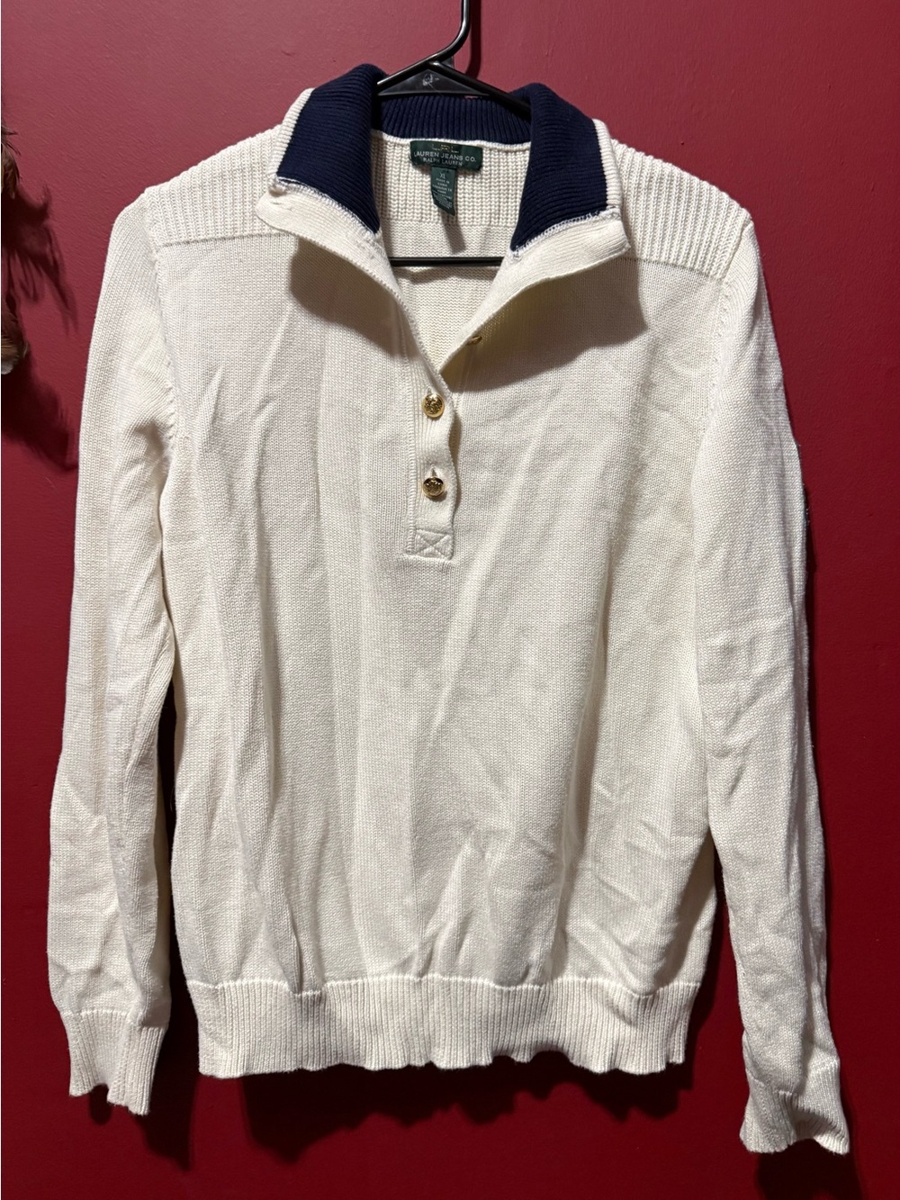 Women’s “Lauren Ralph Lauren” Cream Half-Zip Sweater with Navy Collar, Sz XL